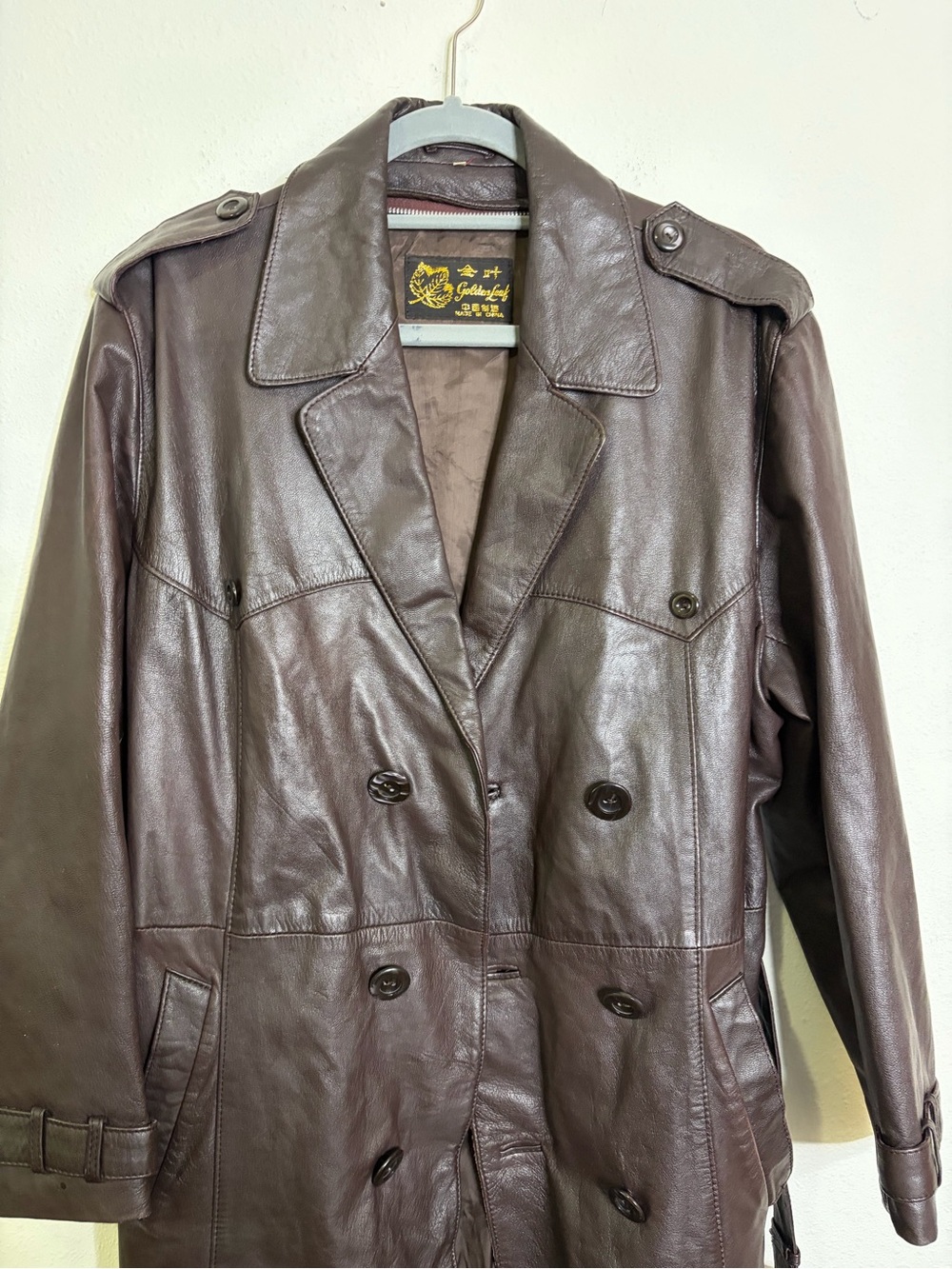 Vintage 70s Brown Leather Trench Coat women’s chocolate L XL belted long - Picture 4 of 15